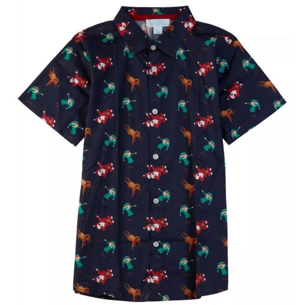 Wurl Boys Christmas Shirt Cruise Dabbing Santa Elf Reindeer Button Up Sz Medium